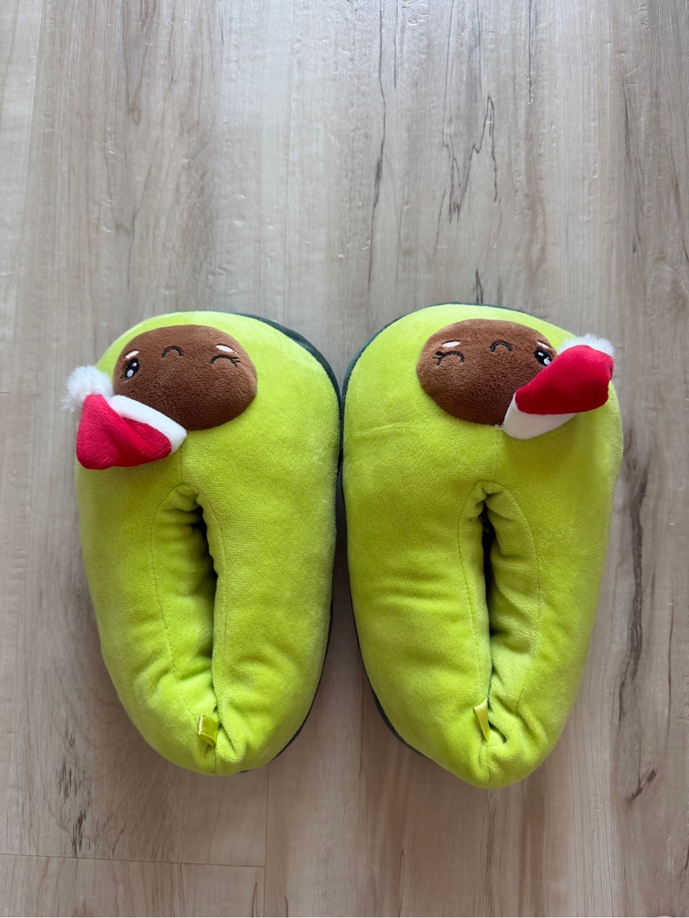 Cute Avocado Plush Slippers with Santa Hats - Bright Green